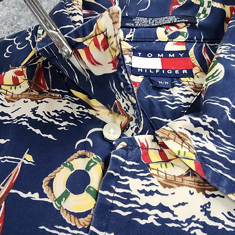 Tommy Hilfiger Shirt Mens Medium Sailing AOP Camp Loop Collar Vintage Nautical - Picture 10 of 13
